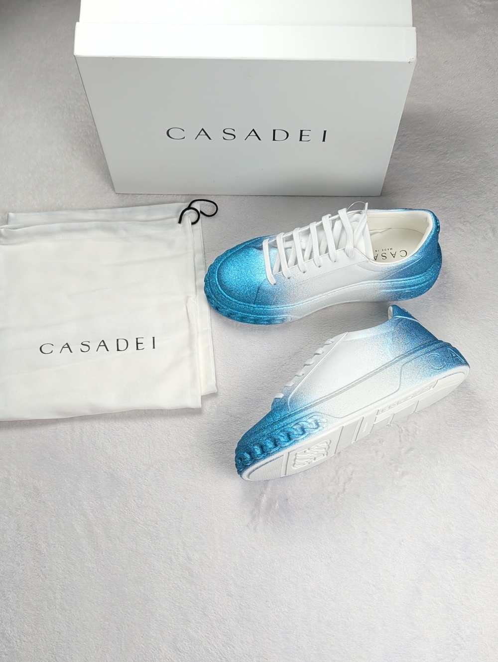 Casadei White Leather Blue Glitter Ombre Platform Sneakers New In Box Size 41 EU
